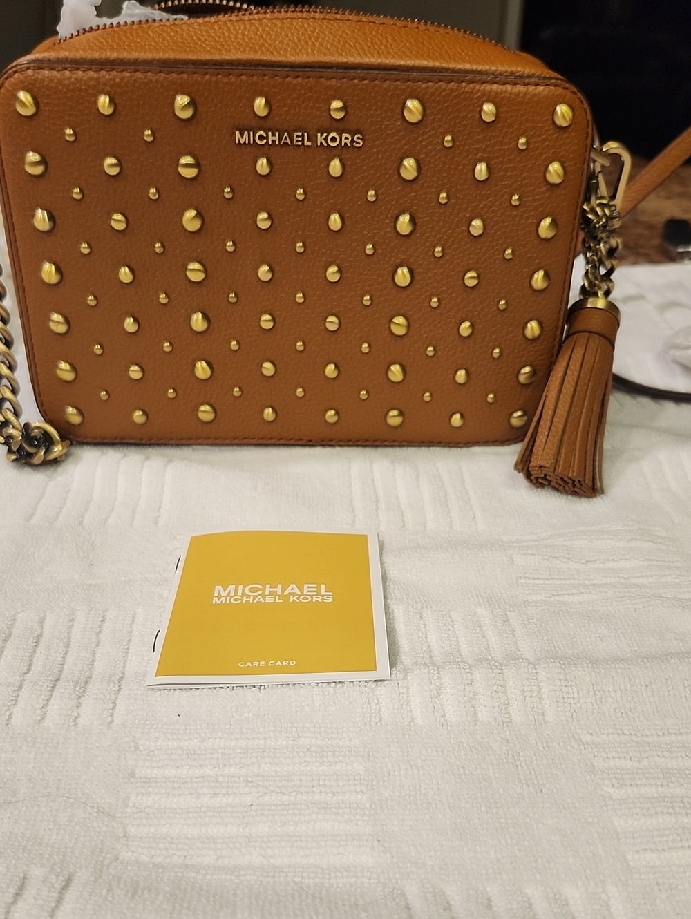 Michael Kors Tan Studded Leather Crossbody with Tassel